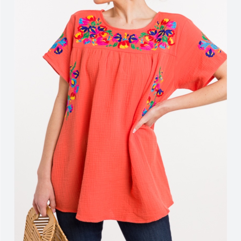See and be seen brand Embroidered Coral Women's Top